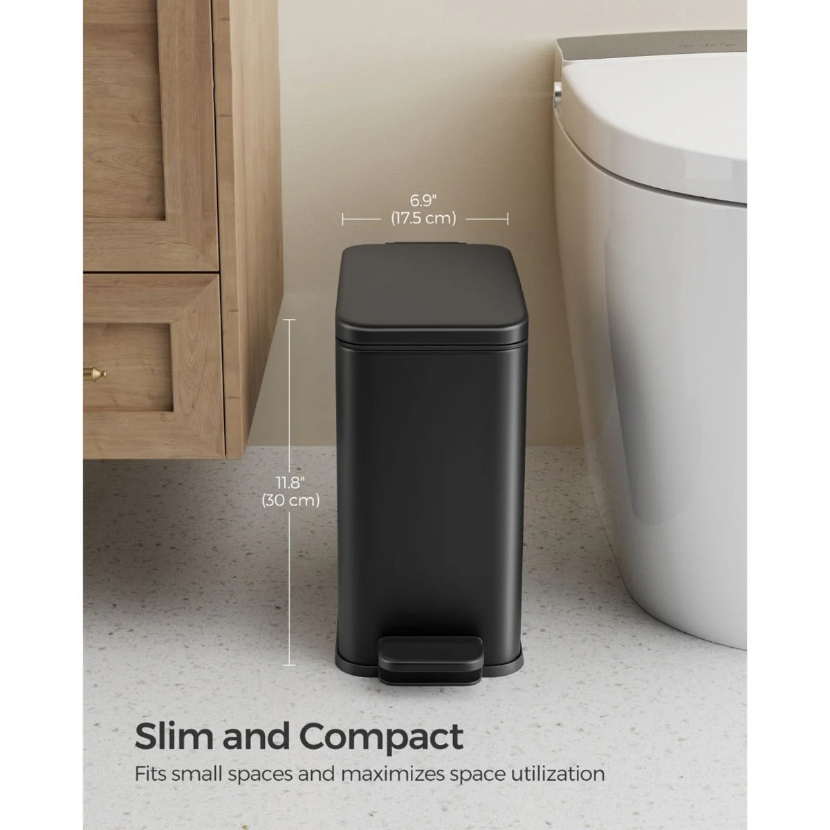 Stainless Steel Slim Bathroom Trash Can with Soft-Close Lid and Plastic Removable Inner Bucket