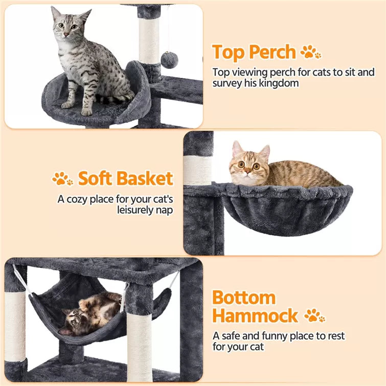 67" H Multi-Level Cat Tree Tower with 2 Cat Condos & Hammock Basket