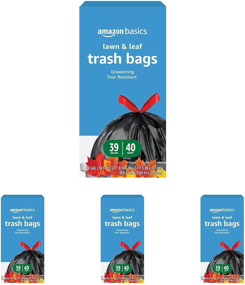 Amazon Basics Lawn & Leaf Drawstring Trash Bags, 39 Gallon, 40 Count, Black, Unscented