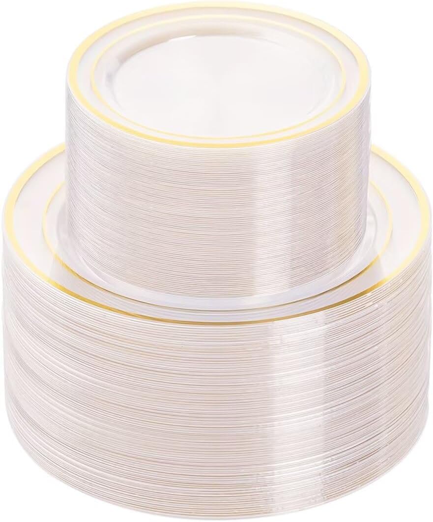 BESTVIP 200PCS Gold Plastic Plate, Disposable Party Plates with 100 Dinner Plates and 100 Dessert Plates, Plastic Plates for Party, Wedding and Birthday