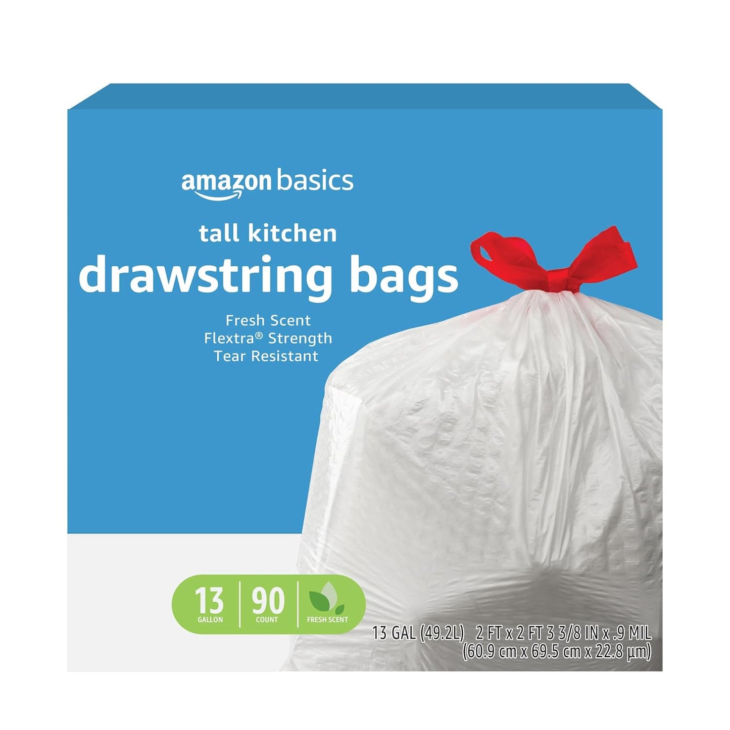Amazon Basics Flextra Strength Tall Kitchen Drawstring Trash Bags, Fresh Scent, Tear Resistant, 13 Gallon, 120 Count