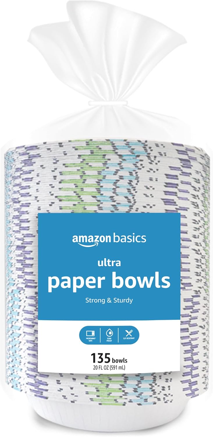 Amazon Basics Ultra Disposable Paper Bowls, 20 Oz, Microwave Safe, Soak Proof, Strong & Sturdy, White, 300 Count (6 Packs of 50)