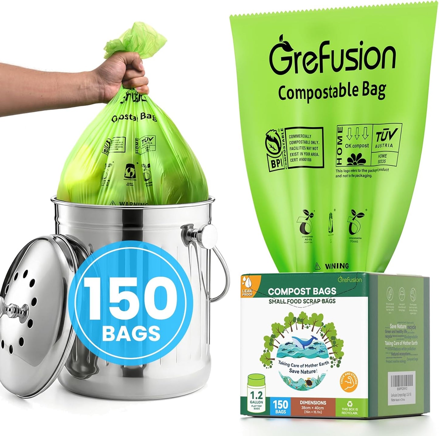 GreFusion Compostable Bags for Kitchen Compost Bin, 1.2 Gallon, 125 Count, Certified by BPI and ASTM, Leakproof and Odor Control