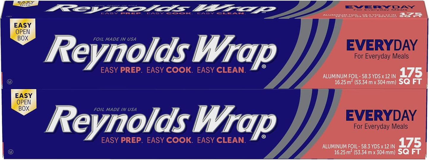 Reynolds Wrap Aluminum Foil Pack, Aluminum Foil Roll Double Pack, Easily Moldable Around Food for a Tight Seal, Great for Covering Dishes and Storing Leftovers, 2 Pack, 175 Sq. Ft. Rolls
