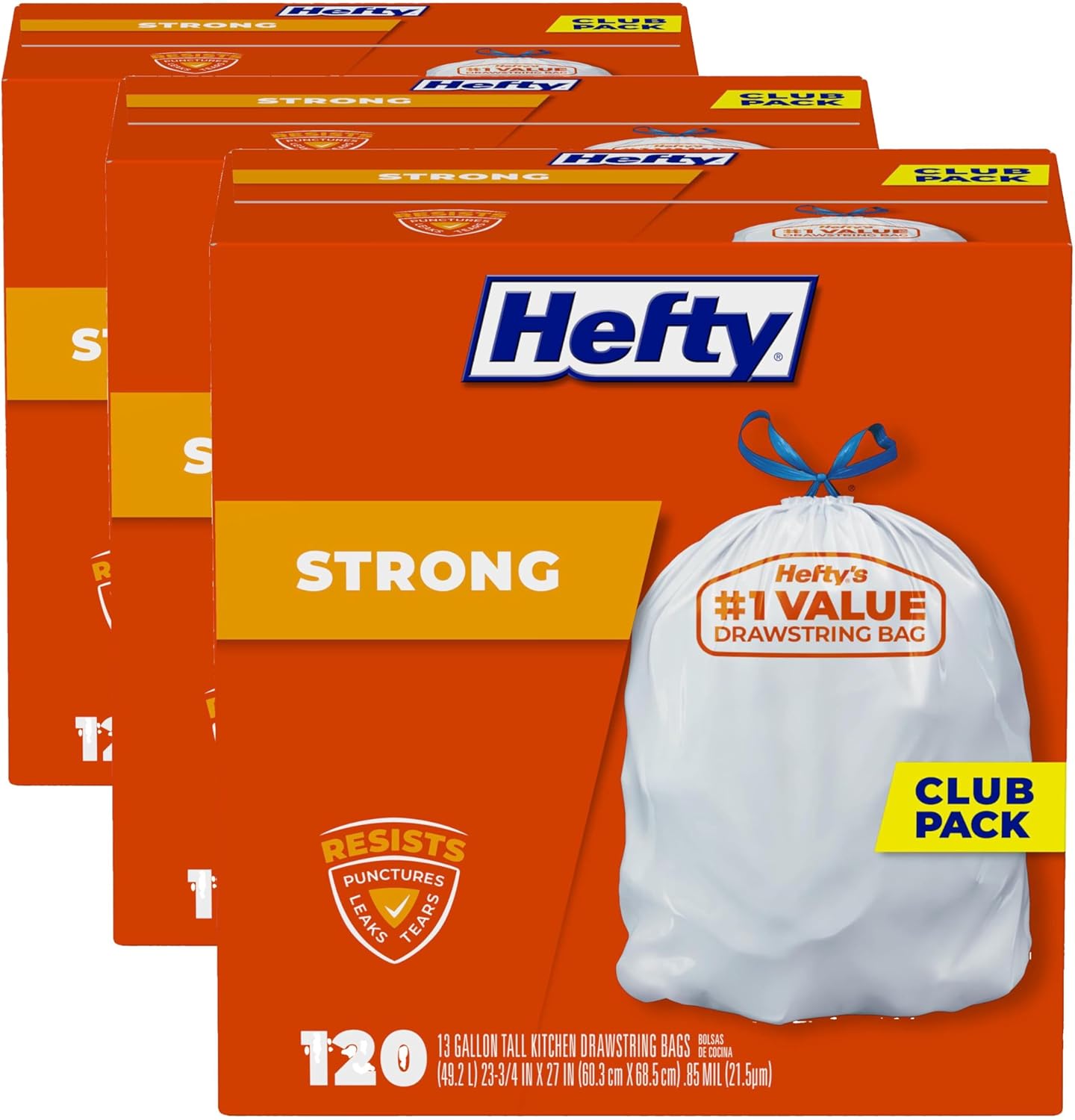 Hefty Strong White 13 Gallon Trash Bags with Drawstrings, Unscented Tall Kitchen Trash Bags, Resists Leaks, Punctures, and Tears, Durable Closure, 120 Ct.