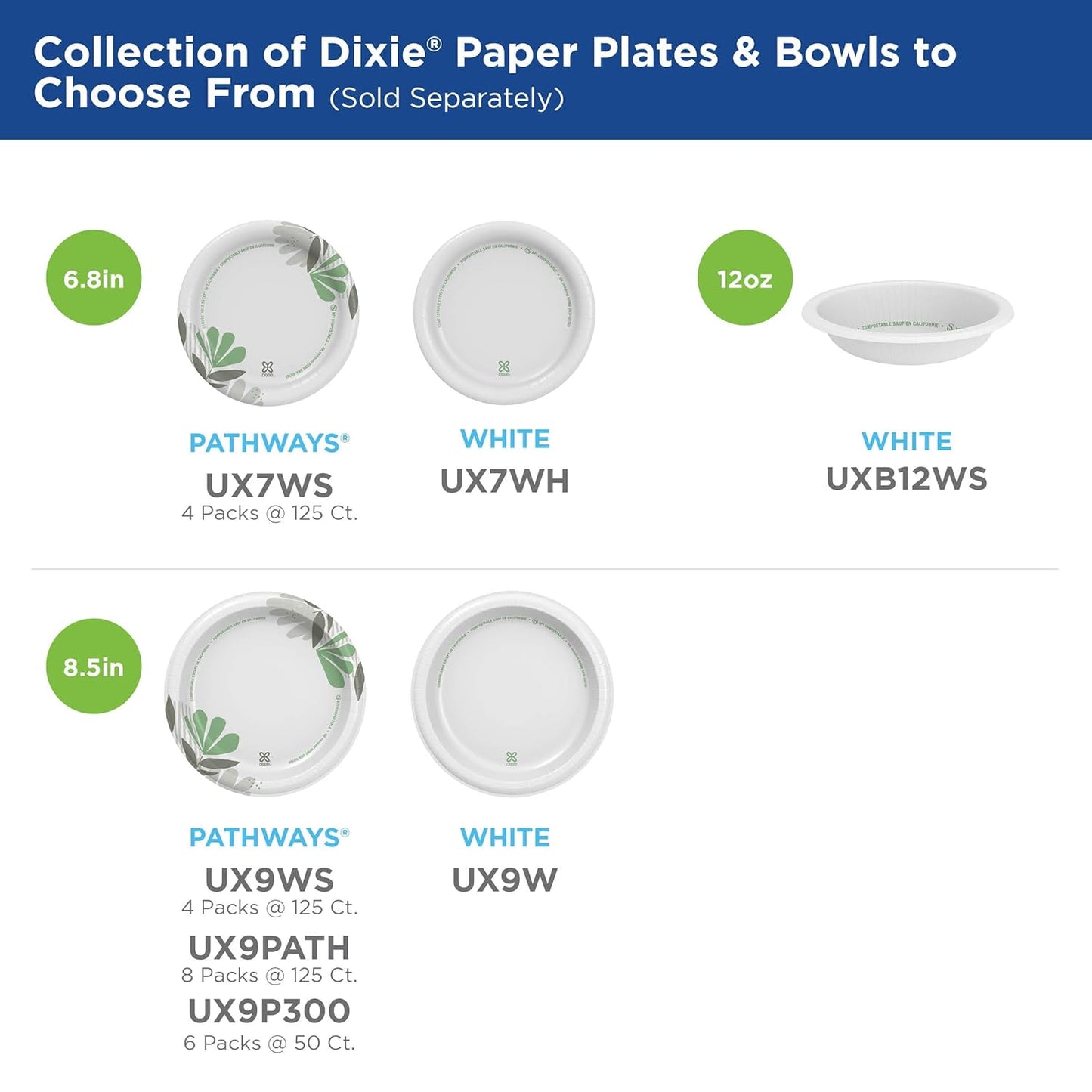 Dixie 8 1/2 Inch Medium-Weight Disposable Paper Plates, Pathways, 300 Count, Bulk Case, 6 Packs/50 Count Per Pack, (Georgia-Pacific #UX9P300)