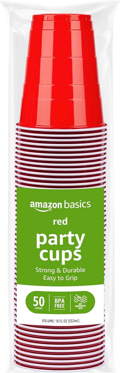 Amazon Basics Disposable Red Plastic Party Cups, BPA-Free, 18oz, for Birthdays, BBQs and Events, 120 Count