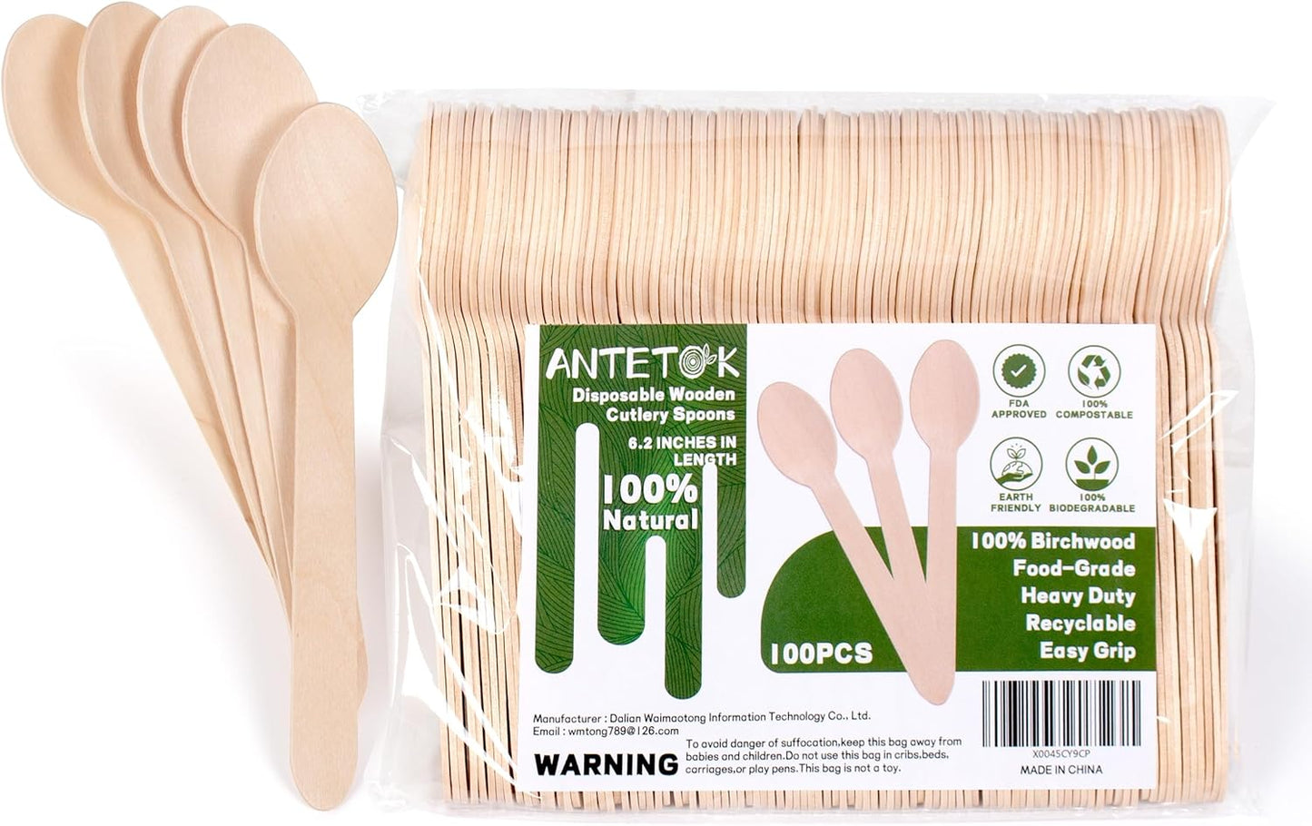 ANTETOK Disposable Wooden Cutlery Spoons - 100 Pack Wooden Spoons Disposable,Biodegradable and Earth Friendly, 6.3 Inch Length