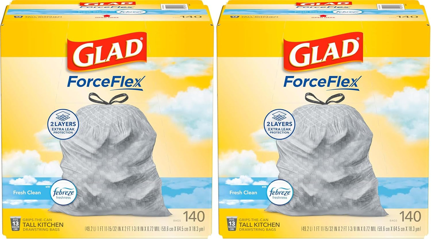 Glad ForceFlex Tall Kitchen Trash Bags, 13 Gallon, Fresh Clean, 140 Count (Package May Vary)