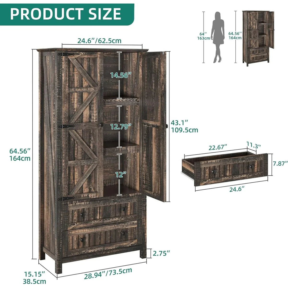 64" Farmhouse Tall Kitchen Pantry Storage Cabinet with 2 Drawers & Doors