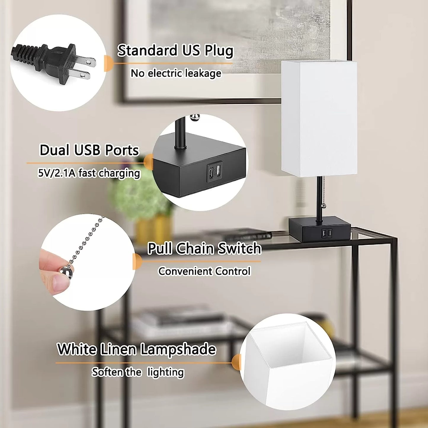 GGOYING Bedside Table Lamp, Pull Chain Table Lamp with Dual USB Charging Ports, 2700K LED Bulb, Fabric Linen Lampshade, Nightstand Lamp for Livingroom Bedroom Office Reading Working