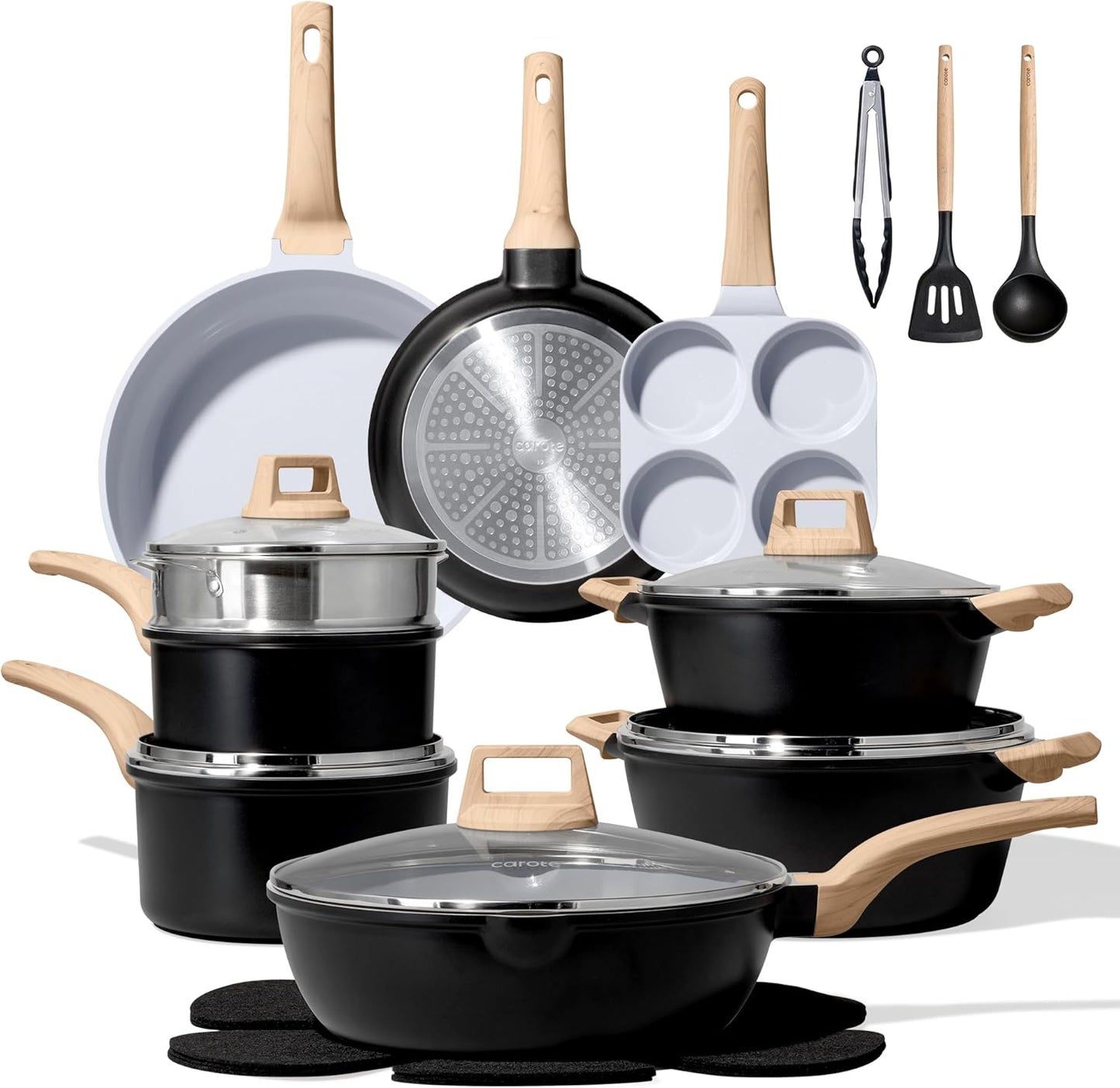 CAROTE ICE 35pcs Pots and Pans Set, Nonstick Cookware Sets, White Granite Induction Cookware with Kitchen Knife Set