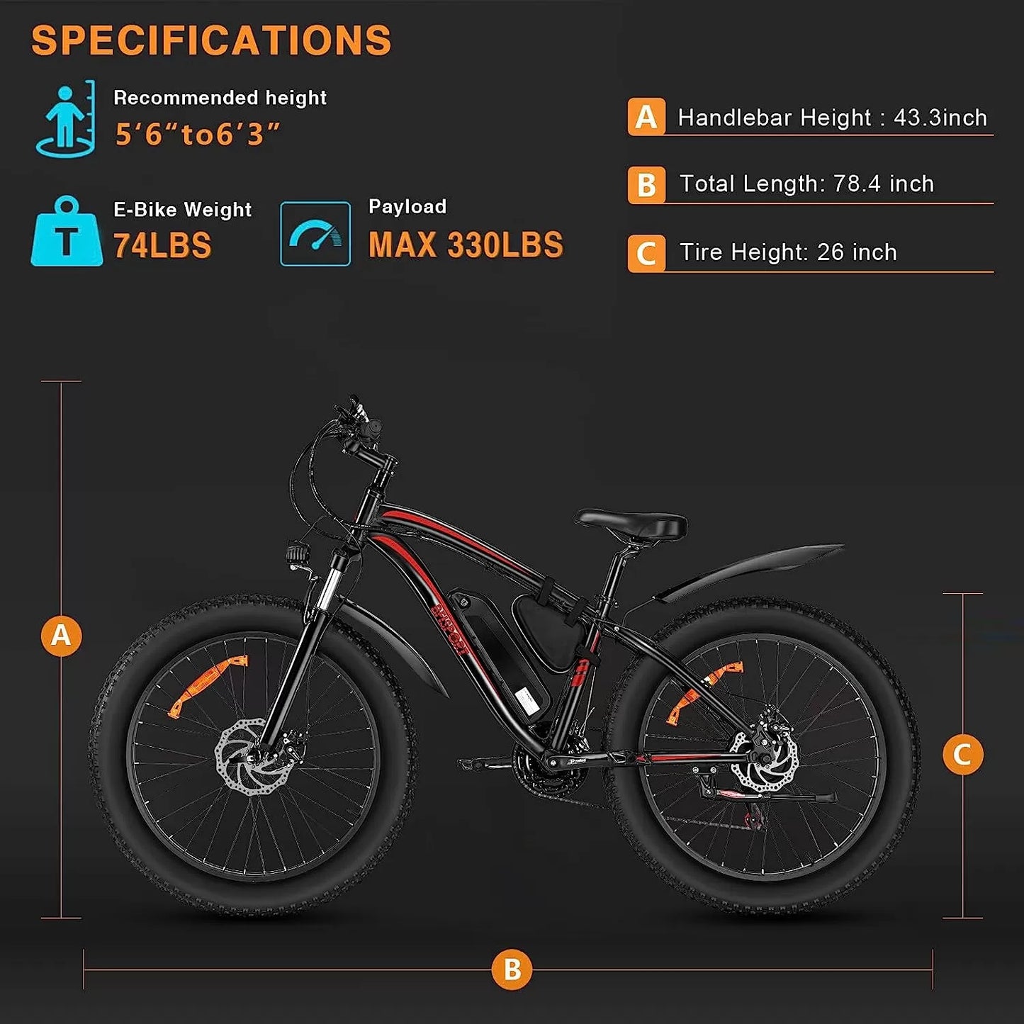 BFISPORT EB26 Electric Bike for Adults 750W/Peak 1000W Electric Bicycle 48V 15AH LG Battery Electric Bike 26" Fat Tire Mountain28mph Shimano 21 Speed Gears Dual Shock Absorber Electric Bike