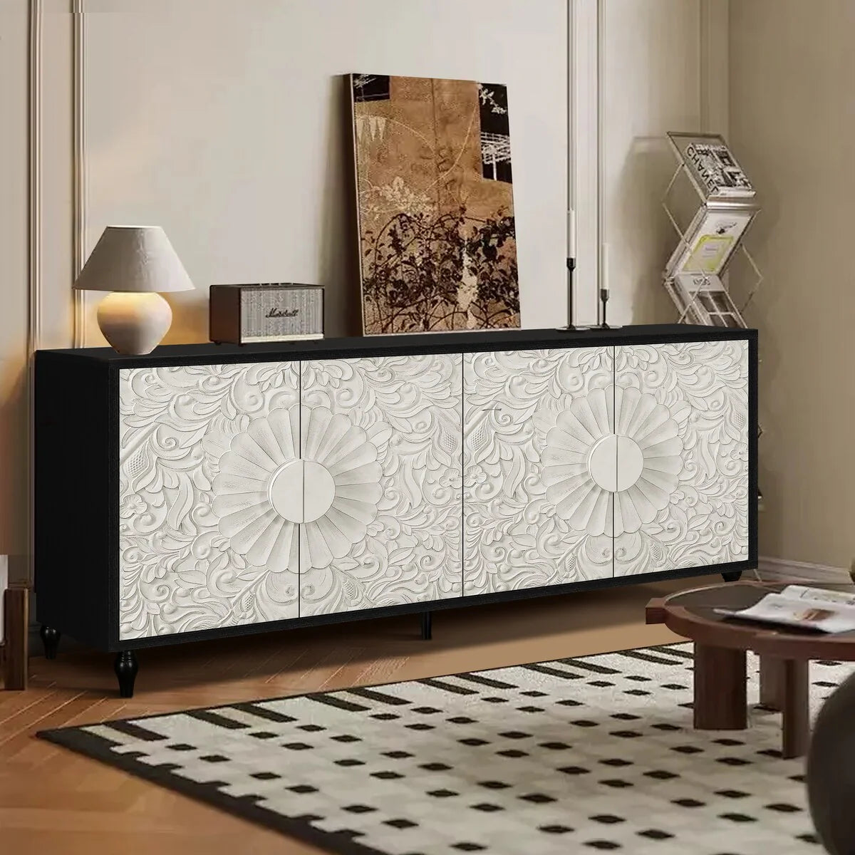Carved Symmetrical Design Door And Wood Coloured Frame For Tv Stand Table