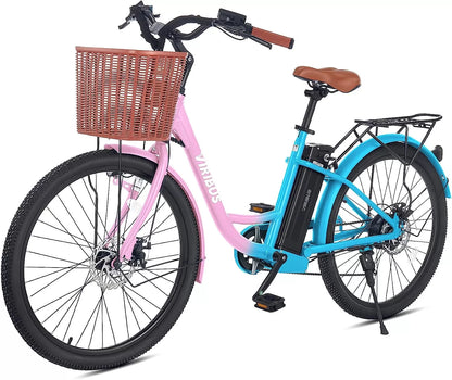 Viribus Electric Bike, Electric Cruiser Bike Adults Women, 25mph 40+ Mile Range 26" City Ebike E Bike with Basket, Electric Bike 350W Shimano 7 Speed Front Suspension for Women Lady, Electric Bicycle