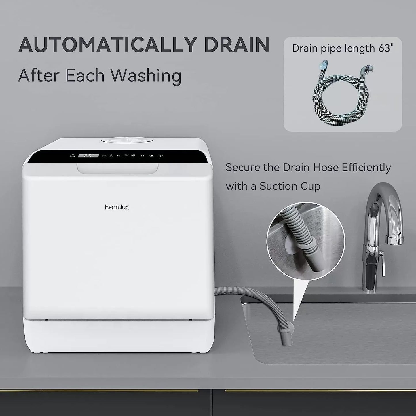 Hermitlux Countertop Dishwasher, 5 Washing Programs Portable Dishwasher With 5-Liter Built-in Water Tank, No Hookup Needed