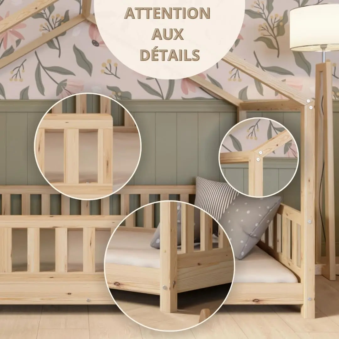 Clearance Sale Crazy Pine Cabin Bed 160x80 cm – Natural Wood Children's Bed with Barrier – Montessori Floor Bed with Height-Adjustable Legs and Removable Barrier - Crazy House