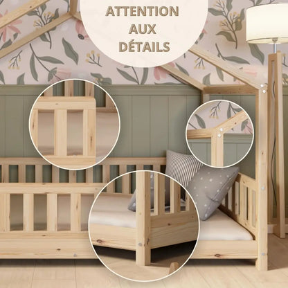 Clearance Sale Crazy Pine Cabin Bed 160x80 cm – Natural Wood Children's Bed with Barrier – Montessori Floor Bed with Height-Adjustable Legs and Removable Barrier - Crazy House