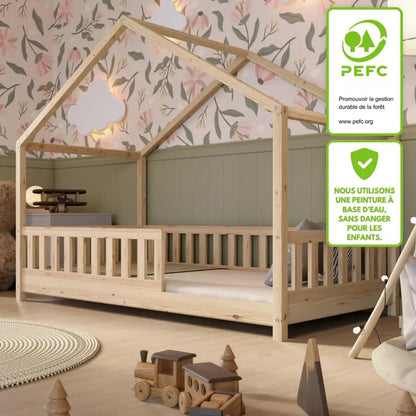 Clearance Sale Crazy Pine Cabin Bed 160x80 cm – Natural Wood Children's Bed with Barrier – Montessori Floor Bed with Height-Adjustable Legs and Removable Barrier - Crazy House