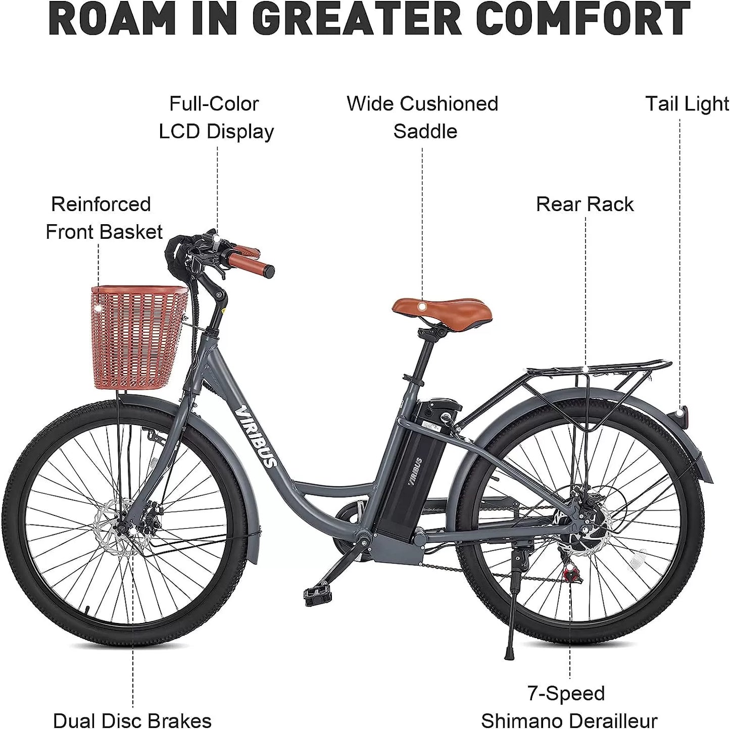 Viribus Electric Bike, Electric Cruiser Bike Adults Women, 25mph 40+ Mile Range 26" City Ebike E Bike with Basket, Electric Bike 350W Shimano 7 Speed Front Suspension for Women Lady, Electric Bicycle