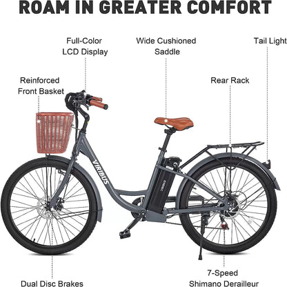 Viribus Electric Bike, Electric Cruiser Bike Adults Women, 25mph 40+ Mile Range 26" City Ebike E Bike with Basket, Electric Bike 350W Shimano 7 Speed Front Suspension for Women Lady, Electric Bicycle