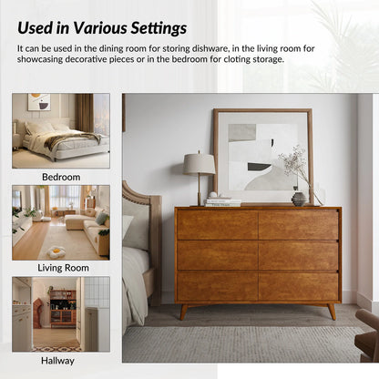Apollone Mid-Century 6-Drawer Dresser with Solid Wood Legs and Adjustable Feet