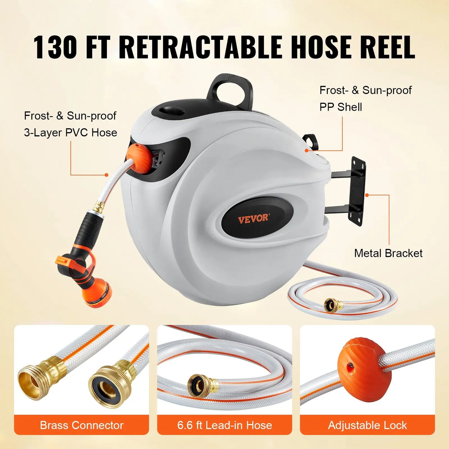 Retractable Hose Reel, Various specifications, 100'x1/2" 180° Swivel with 9-Pattern Nozzle, Automatic Rewind, Lock at Any Length, Slow Return System