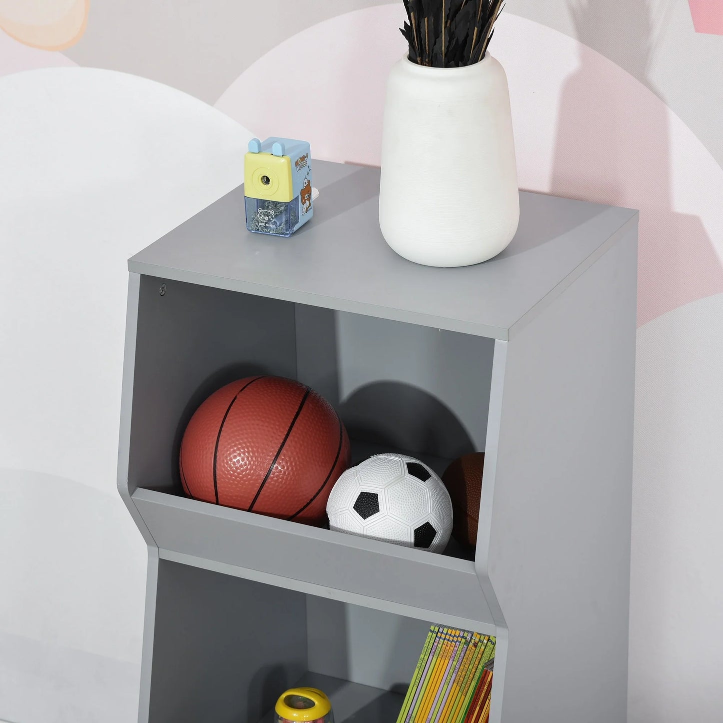 HOMCOM Kids Storage Cabinet 3 Shelves Anti-toppling Toy Storage Organizer Children Bookcase Book Rack, Grey
