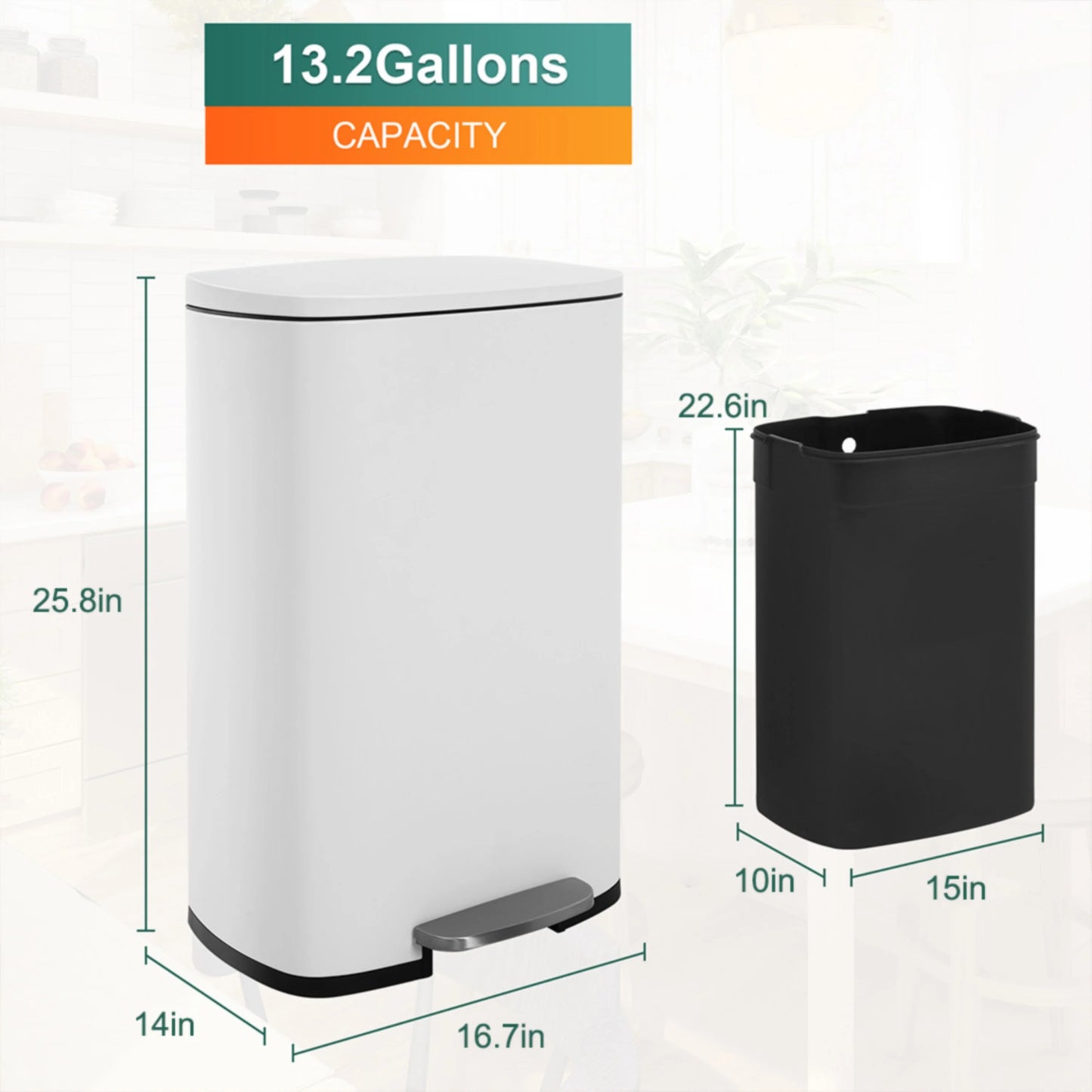 13 Gallon 50 Liter Stainless Steel Step Trash Can with Removable Inner Bucket by Furniture of America