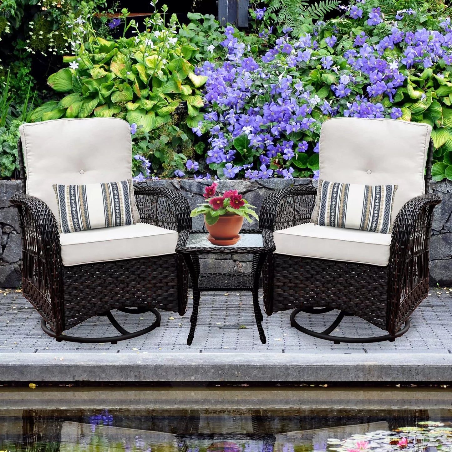Outdoor Swivel Rocker Patio Chairs Set of 2 and Matching Side Table - 3 Piece Wicker Patio Bistro Set with Premium Fabric Cushions Outdoor Furniture (Dark Wicker Chair Beige Cushion)