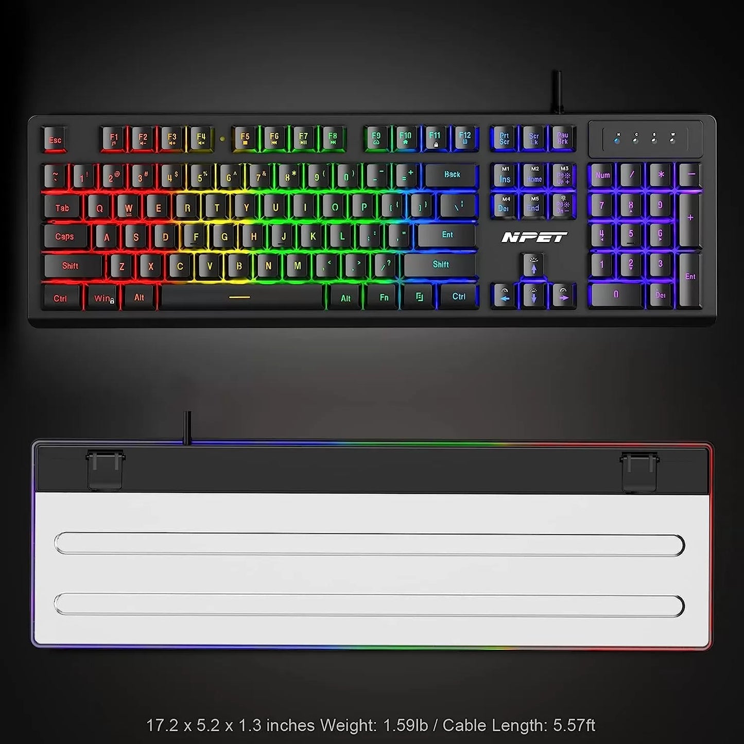NPET K10 Wired Gaming Keyboard, LED Backlit, Spill-Resistant Design, Multimedia Keys, Quiet Silent USB Membrane Keyboard for Desktop, Computer, PC (Black)