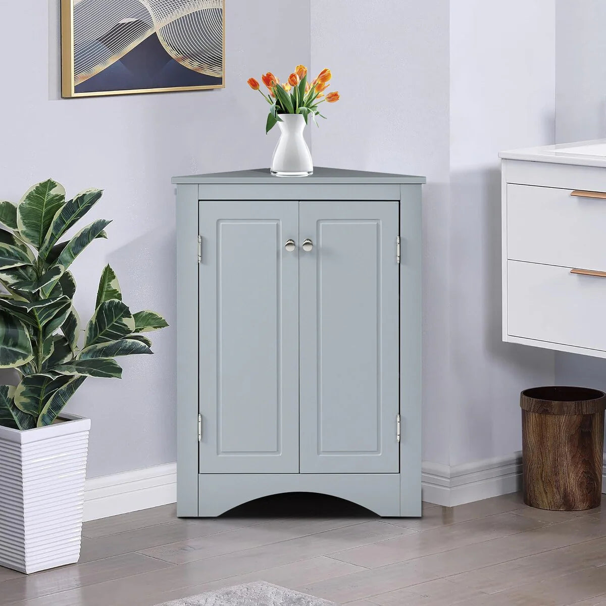 Modern Stylish Triangle Corner Storage Cabinet with Two Adjustable Internal Shelves