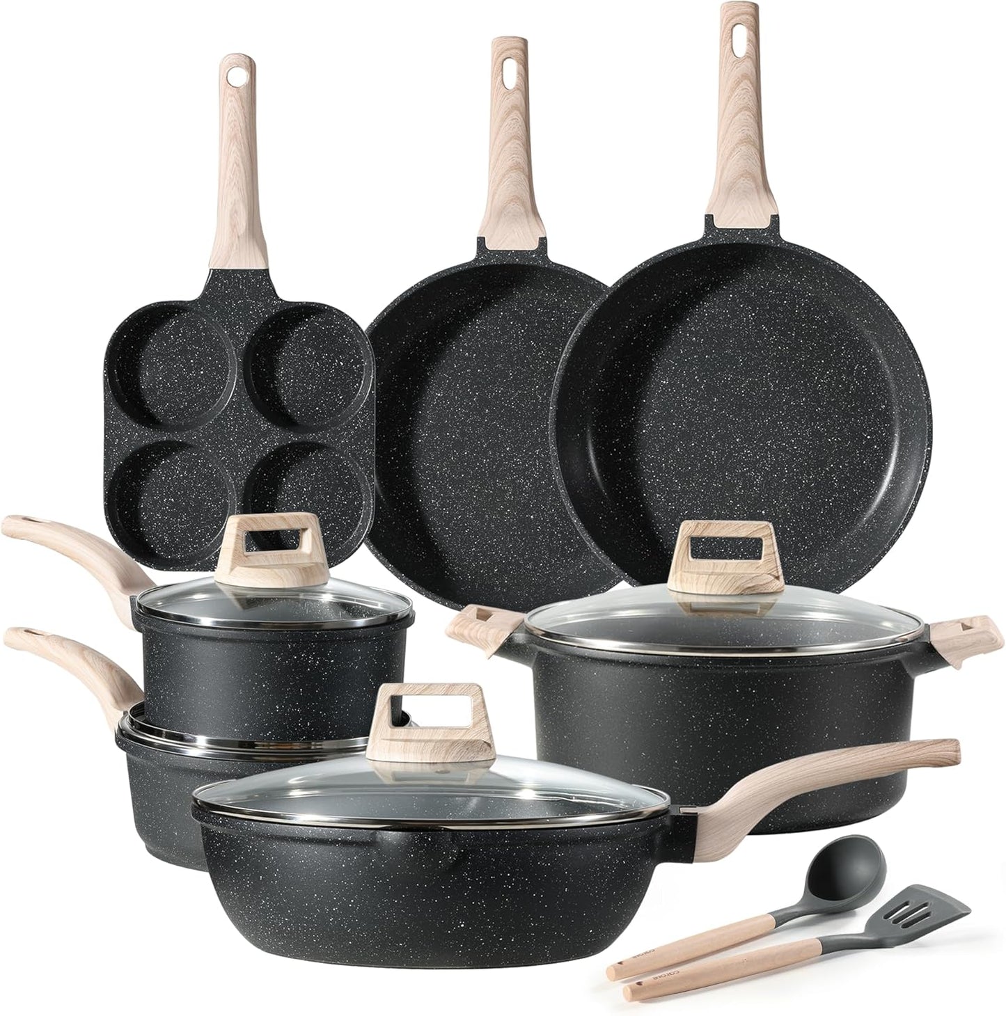 CAROTE ICE 35pcs Pots and Pans Set, Nonstick Cookware Sets, White Granite Induction Cookware with Kitchen Knife Set