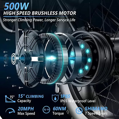 26"x4" Fat Tire Ebike Electric Bicycle, 500W 48V 13AH Removable Battery, 20MPH Electric Mountain Bike Snow Beach E-Bike Suspension Fork, Shimano 7 Speed