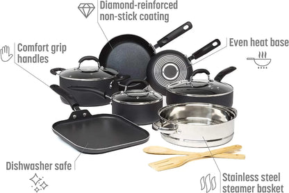 Cookware Set with Premium Non-Stick, Dishwasher Safe Pots and Pans, Tempered Glass Steam Vented Lids, Stainless Steel Steamer, and Bamboo Cooking Utensils Set, 12-Piece, Charcoal Gray