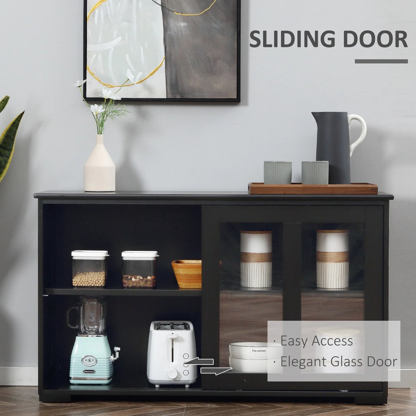 HOMCOM Modern Kitchen Sideboard, Stackable Storage Cabinet, Sliding Glass Door Console, Cupboard Serving Buffet for Kitchen