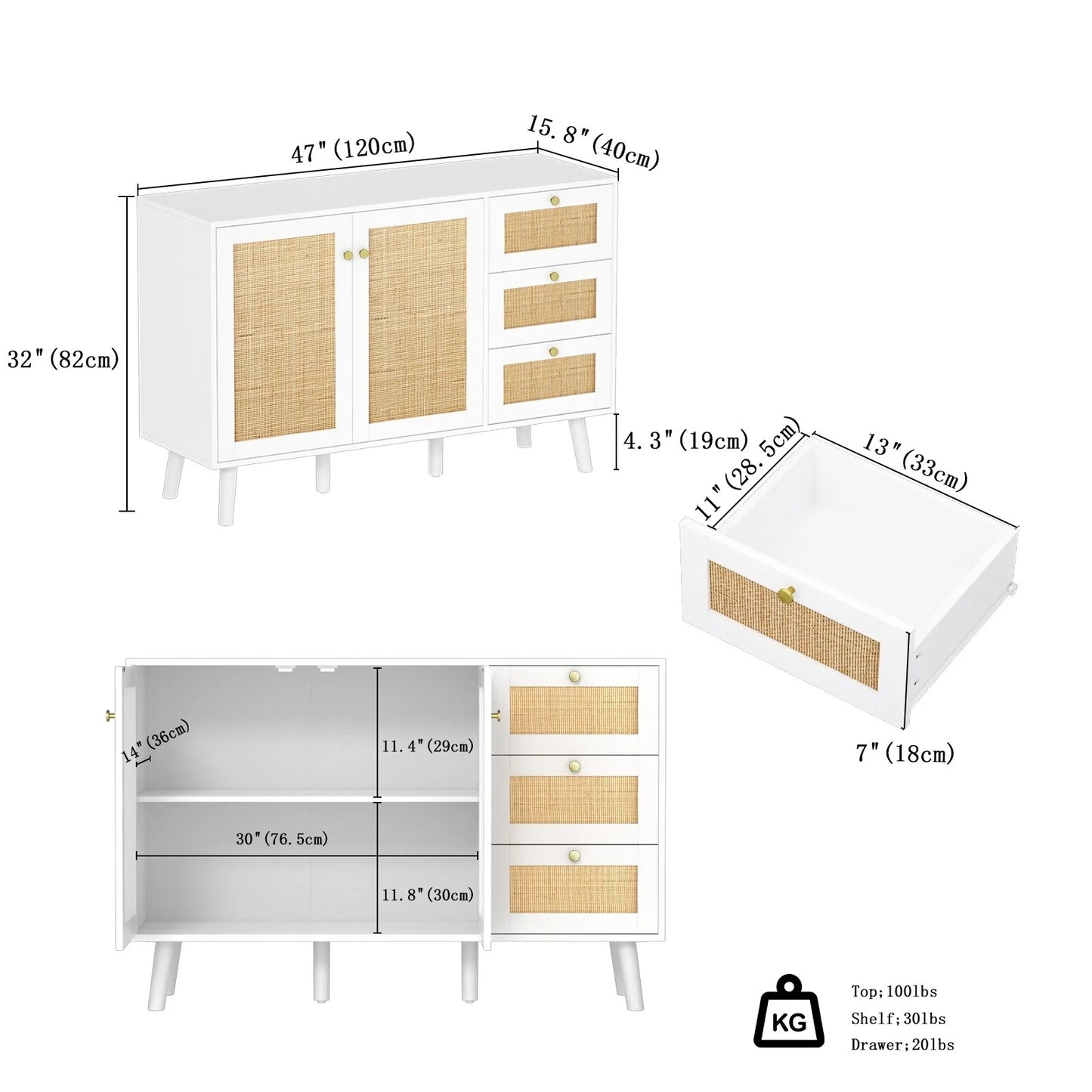 Anmytek Mid-Century Modern 2-Door Wood Rattan Buffet Sideboard Kitchen Storage Cabinet with 3 Drawers