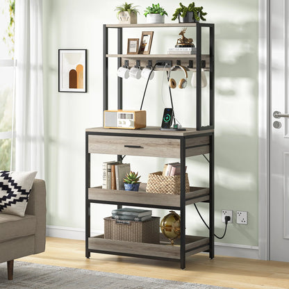 Kitchen Bakers Rack with Power Outlets, High Utility Storage Shelves Microwave Stand with Drawers
