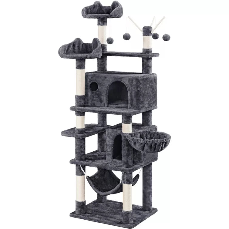 67" H Multi-Level Cat Tree Tower with 2 Cat Condos & Hammock Basket
