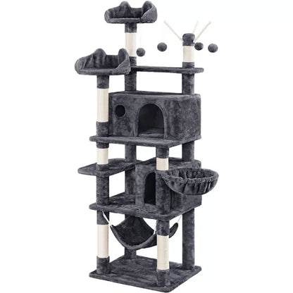 67" H Multi-Level Cat Tree Tower with 2 Cat Condos & Hammock Basket