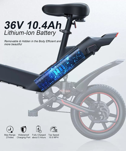 Sailnovo Electric Bike, Electric Bicycle with 18.5mph Electric Bikes for Adults Teens E Bike with Pedals, 14" Waterproof Folding Mini Bikes with Dual Disc Brakes