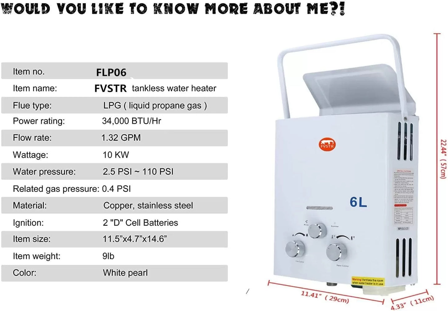 FVSTR-Carvn 1.6GPM 6L Portable Outdoor Propane Gas Tankless Water Heater Digital Display Overheating Protection RV Camping Water Heater Easy to Install for Pets