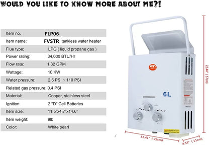 FVSTR-Carvn 1.6GPM 6L Portable Outdoor Propane Gas Tankless Water Heater Digital Display Overheating Protection RV Camping Water Heater Easy to Install for Pets