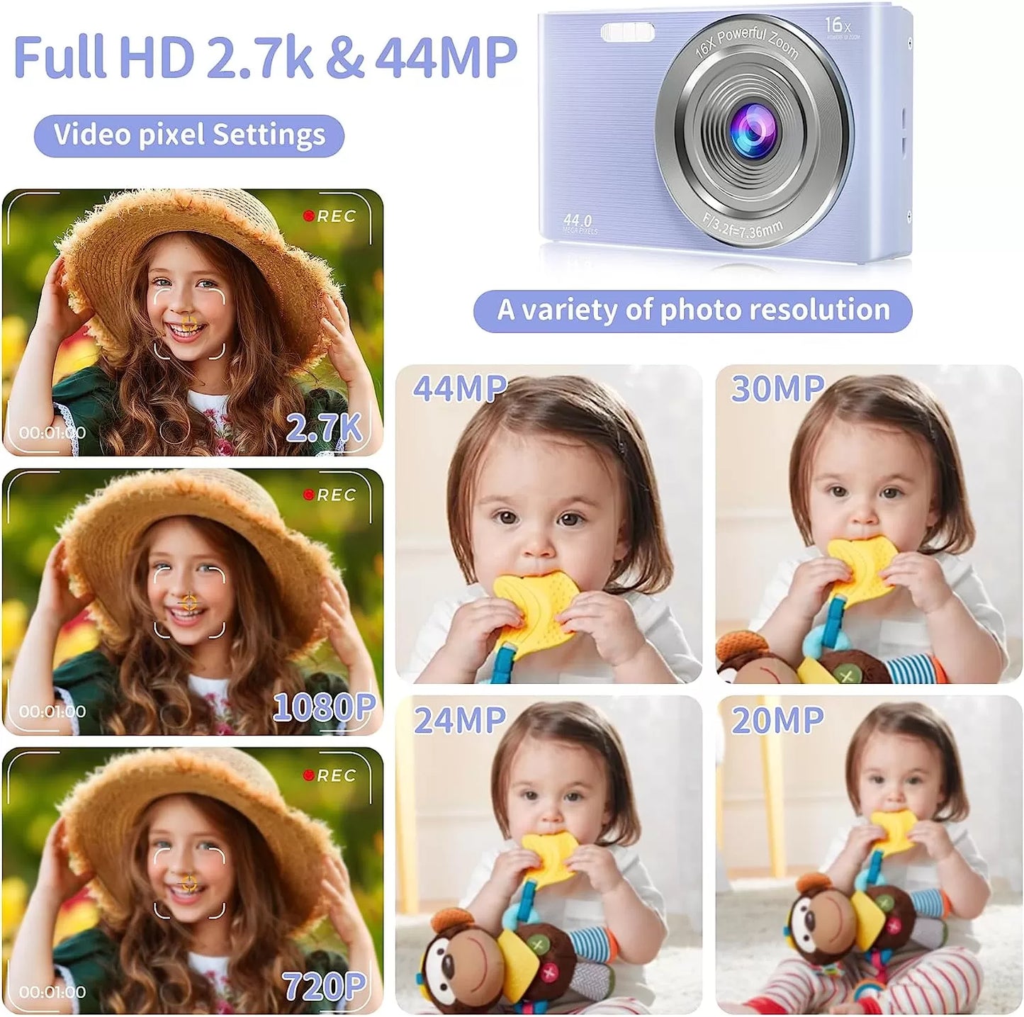 Saneen Digital Camera, FHD 2.7K Cameras for Photography, 44MP Kids Camera Small Compact Digital Camera for Teens, Adults & Beginners with 32GB SD Card, 16X Zoom, Two Rechargeable Batteries-Pink