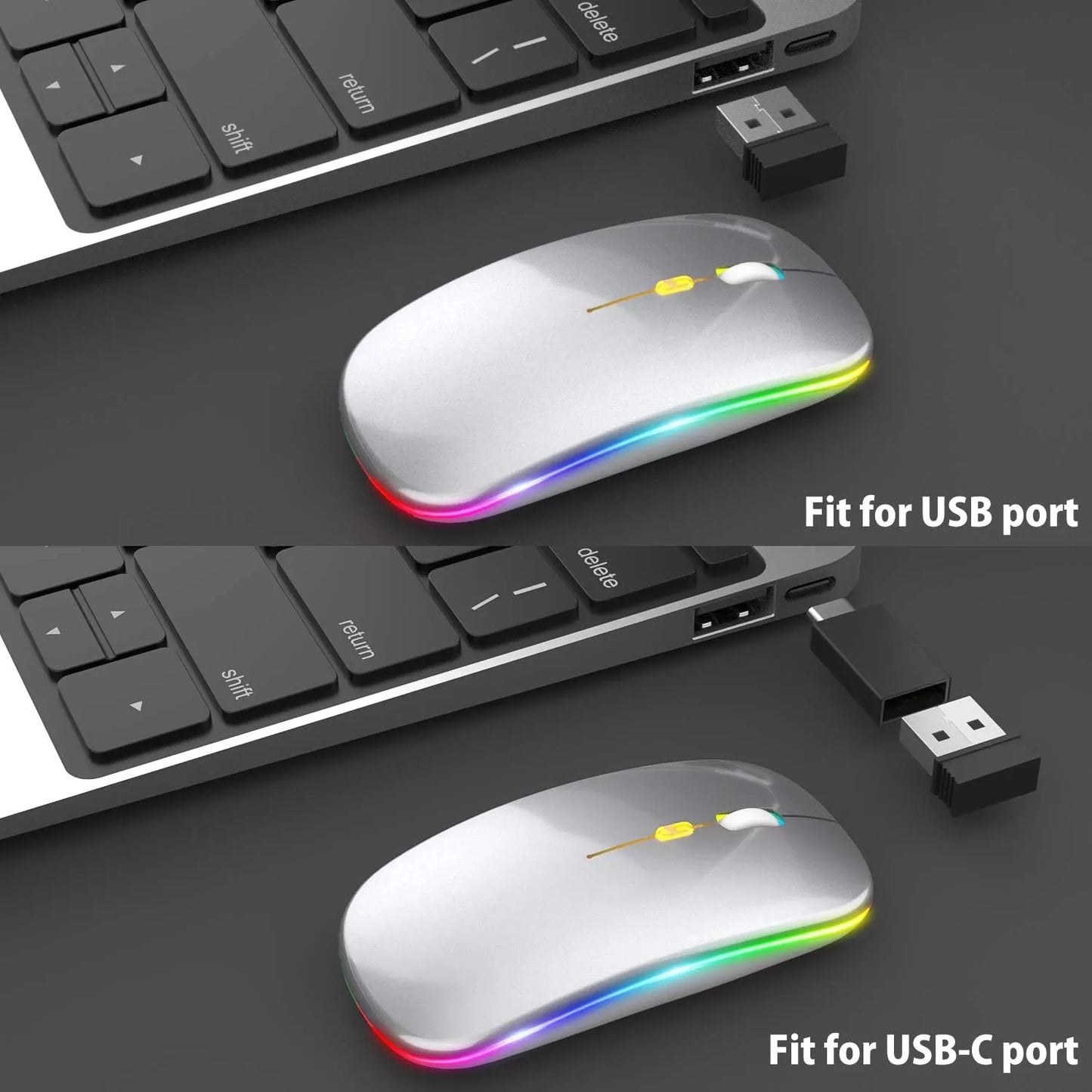 [Upgrade] LED Wireless Mouse, Slim Silent Mouse 2.4G Portable Mobile Optical Office Mouse with USB & Type-c Receiver, 3 Adjustable DPI Levels for Notebook, PC, Laptop, Computer, MacBook (Pink)