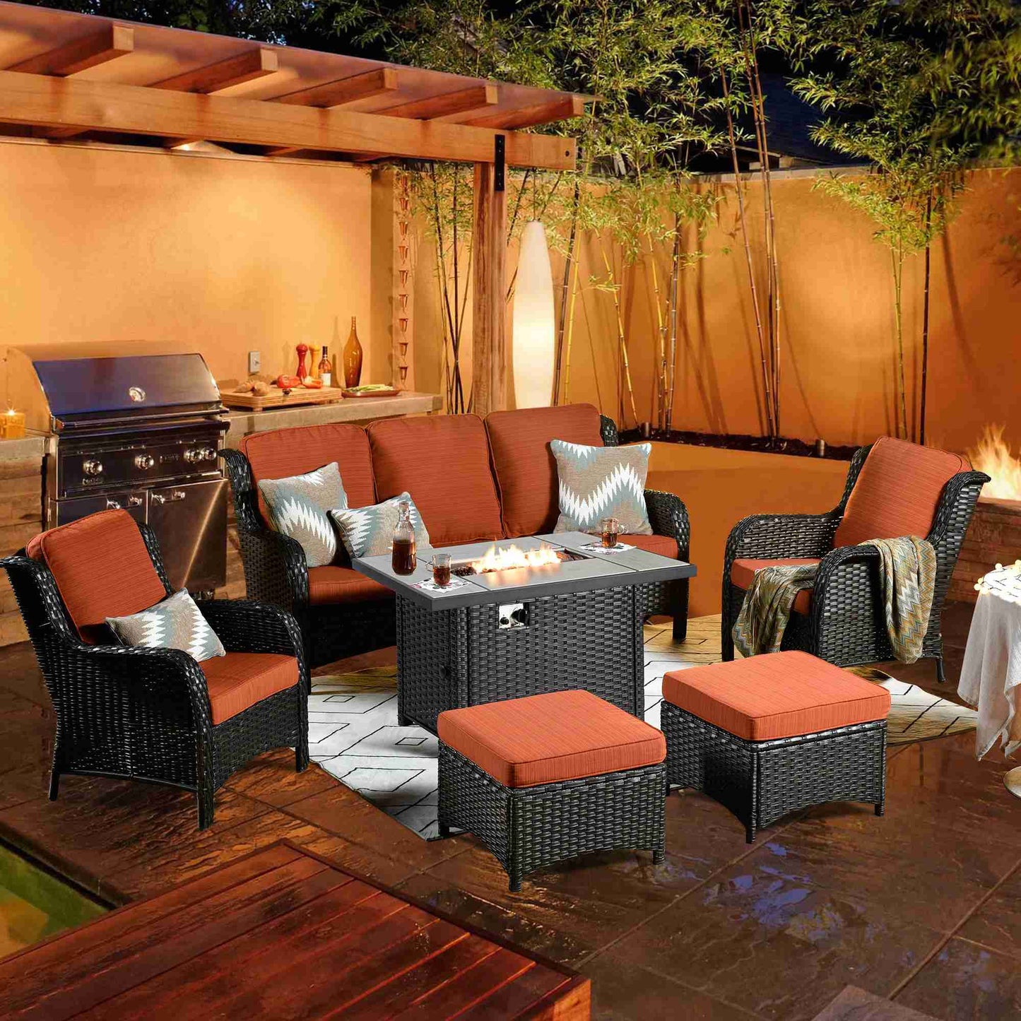 Ovios Patio 6-Piece Conversation Set with 42'' Rectangle Propane Fire Pit Table Kenard