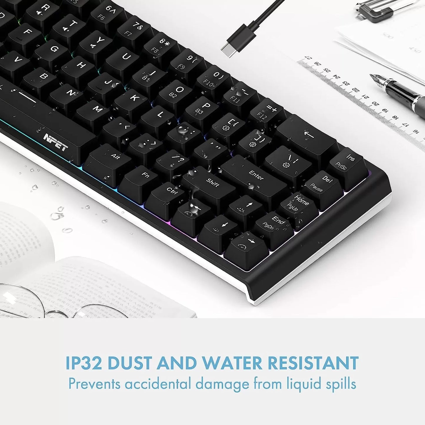 NPET K10 Wired Gaming Keyboard, LED Backlit, Spill-Resistant Design, Multimedia Keys, Quiet Silent USB Membrane Keyboard for Desktop, Computer, PC (Black)