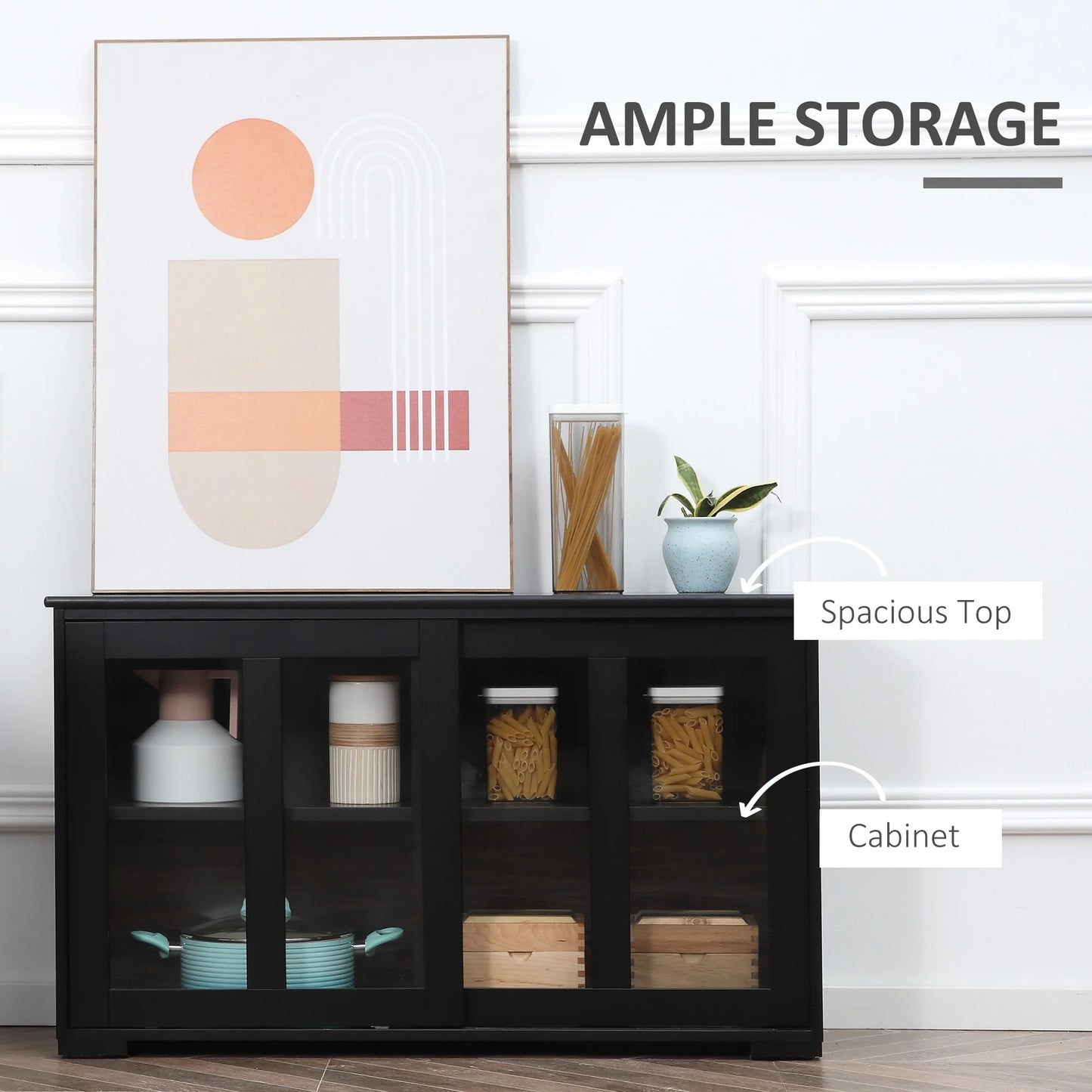 HOMCOM Modern Kitchen Sideboard, Stackable Storage Cabinet, Sliding Glass Door Console, Cupboard Serving Buffet for Kitchen