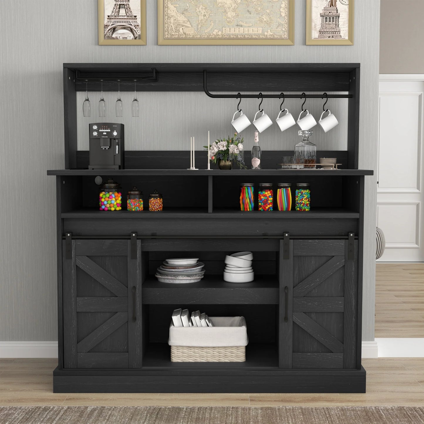 Moasis Farmhouse Coffee Bar Cabinet - 15.1"D x 47.2"W x 51.5"H