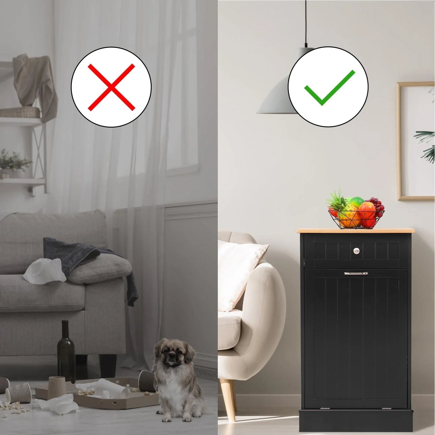 Erommy Tilt Out Trash Cabinet, Wooden Kitchen Trash Can Free Standing Waste Bin, Recycling Hideaway Garbage Can Holder